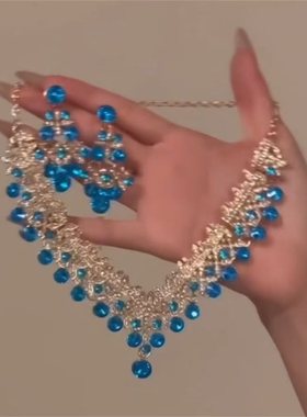 超闪蓝色镶钻项链耳环套装女轻奢气质设计高级感晚宴礼服颈链配饰