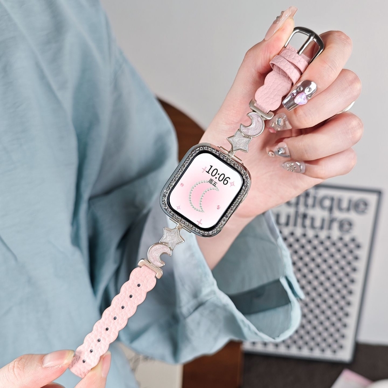 【星垂月腕】适用苹果手表S11表带iWatchS10高级感S9月亮星星拼皮质SE镶钻壳女款S8/7/6/5代小众新款ultra3