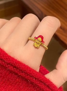财神爷新年红色可调节素圈戒指女小众设计情侣男指环高级感食指戒