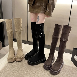 两穿翻领厚底高筒靴女2025春秋季新款复古绒面过膝长靴瘦瘦骑士靴