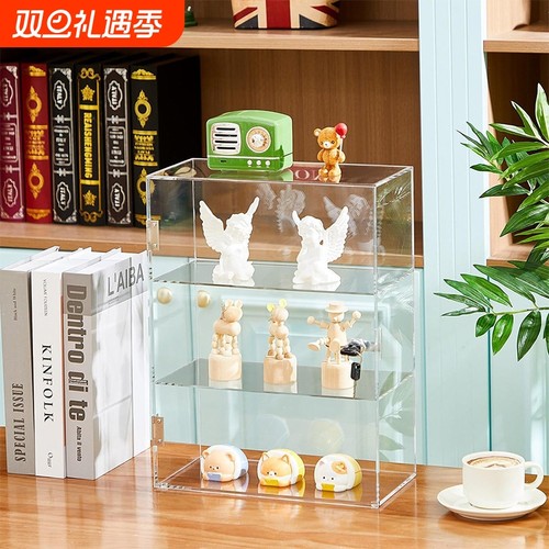 透明亚克力带锁展示柜桌面杂物三层收纳盲盒手办防尘收纳柜子