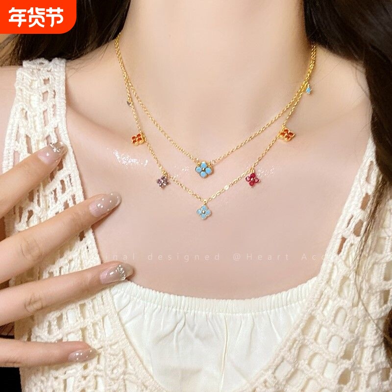 轻奢锆石四叶草吊坠项链女彩色高级感精致锁骨链2025新款气质颈链