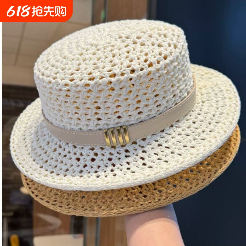 韩版镂空编织平顶帽子女款夏季法式时尚海边沙滩太阳帽遮阳帽草帽