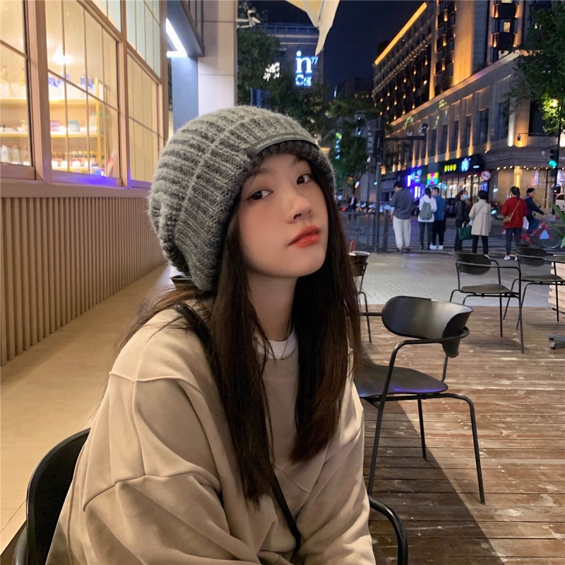 女秋冬时尚百搭贴布大头围粗毛线帽显脸小保暖针织帽冷帽灰色黑色