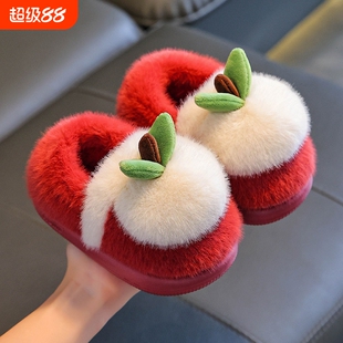 儿童棉拖鞋冬季女童男童毛绒宝宝棉鞋包跟家居鞋棉拖软底红色室内