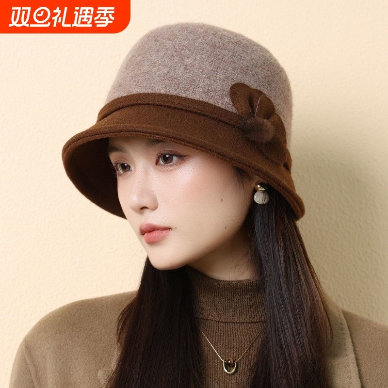 中老年秋冬季时尚百搭羊毛呢渔夫帽子女复古礼帽盆帽黑色花朵咖色