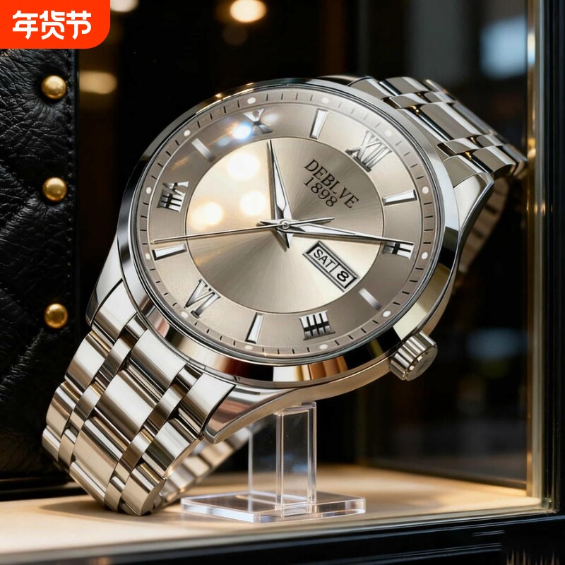 正品瑞士2024新款手表男士全自动机械风防水精钢带双日历男表夜光