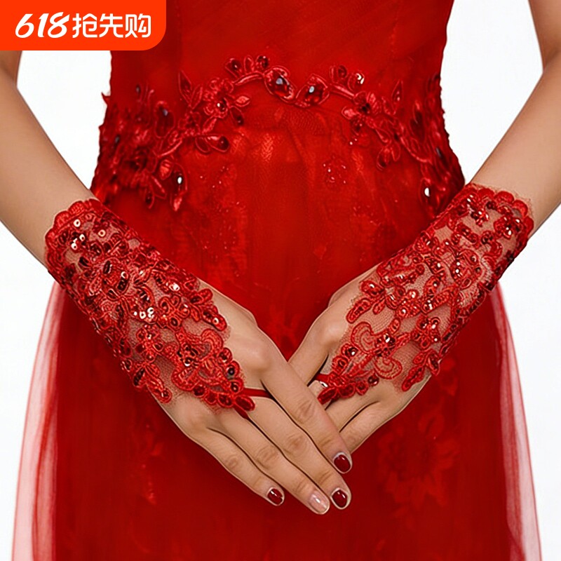 婚纱手套新娘韩式复古婚礼拍照结婚洛丽塔蕾丝勾指长款系带钻手袖