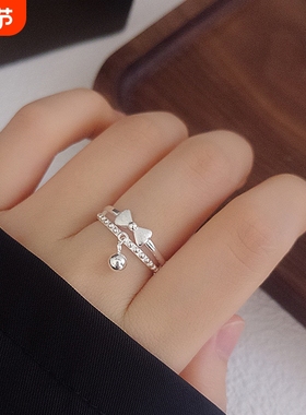 s925纯银拉丝工艺在逃公主指环素银甜美女蝴蝶结铃铛双层戒指学生