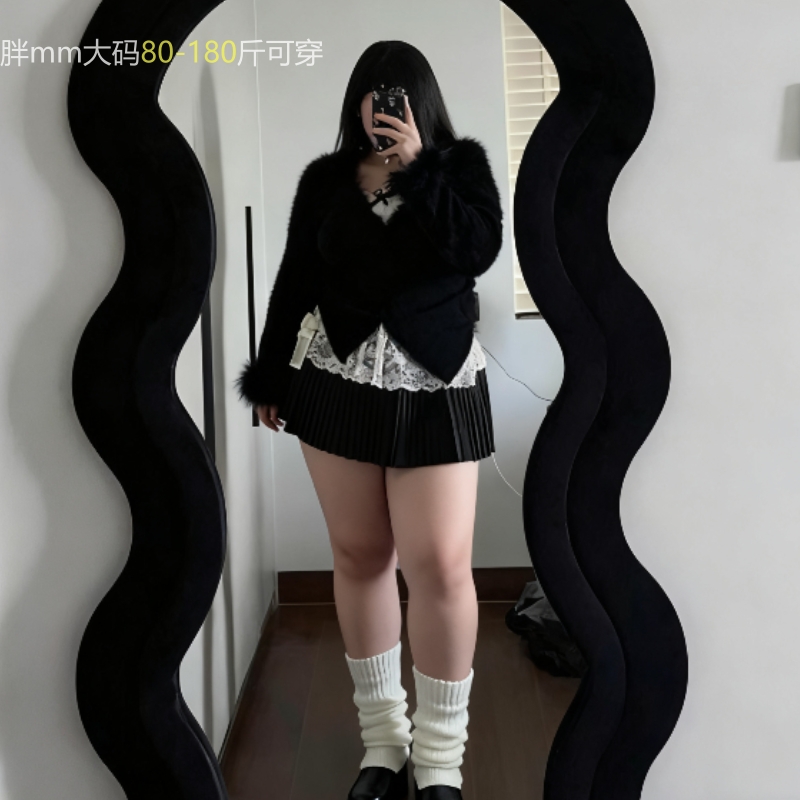 大码韩系辣妹气质御姐长袖上衣蕾丝内搭女秋冬季设计感短裙三件套