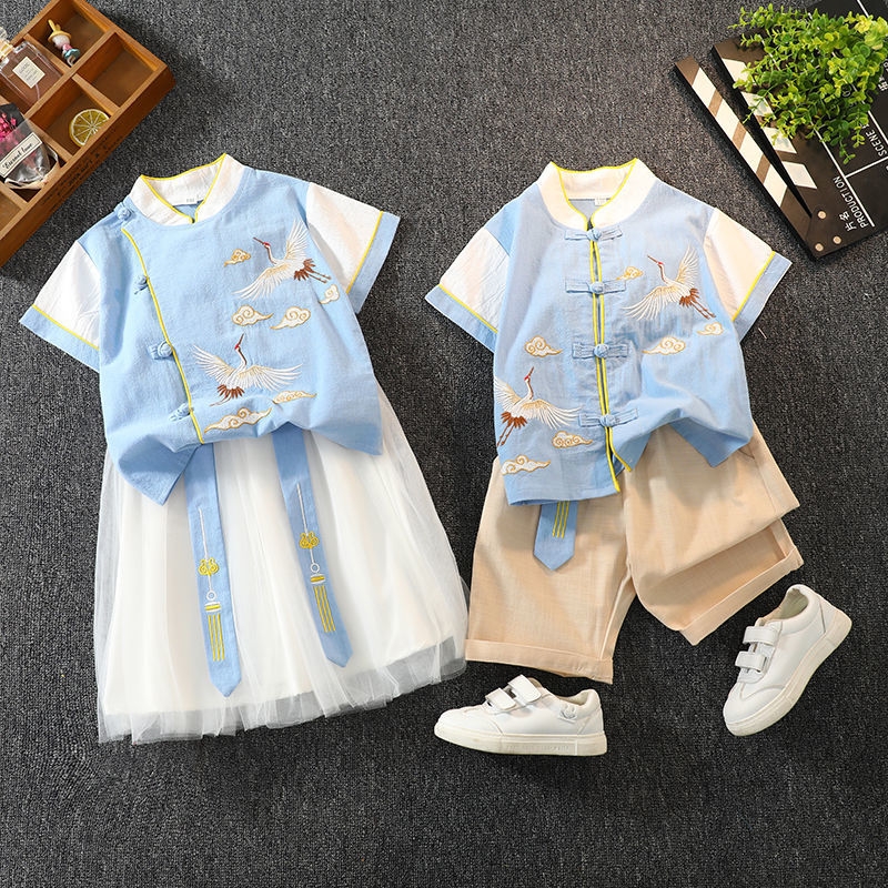 2025新中式国风儿童汉服男女童夏季套装唐装棉麻中国风宝宝古装