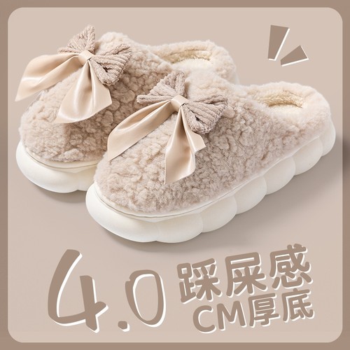 冬季蝴蝶结毛绒厚底防滑棉拖鞋女