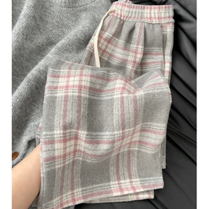 毛呢格子裤子女秋冬2024新款高腰垂感慵懒显瘦运动休闲灰色阔腿裤