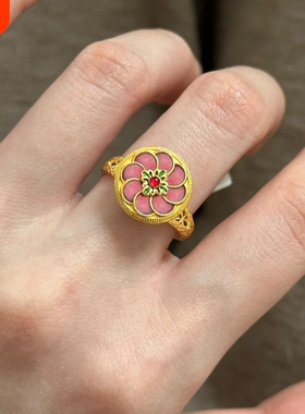 中古vintage镶钻桃花珐琅螺钿