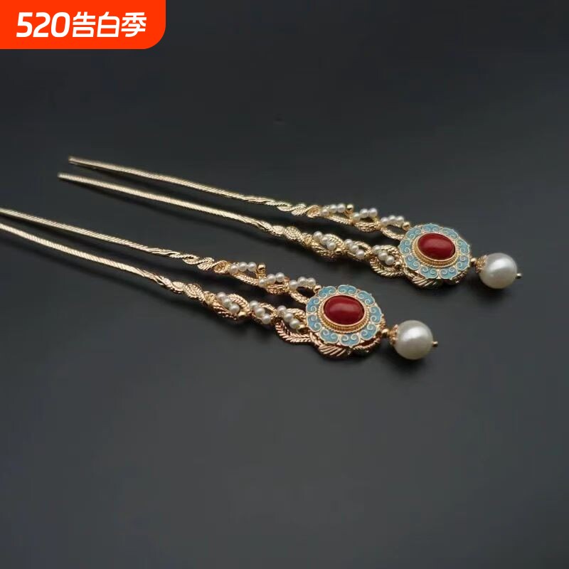 新中式唐风绞丝发钗仿掐丝烧蓝汉服u簪子简约百搭发饰轻奢女发簪