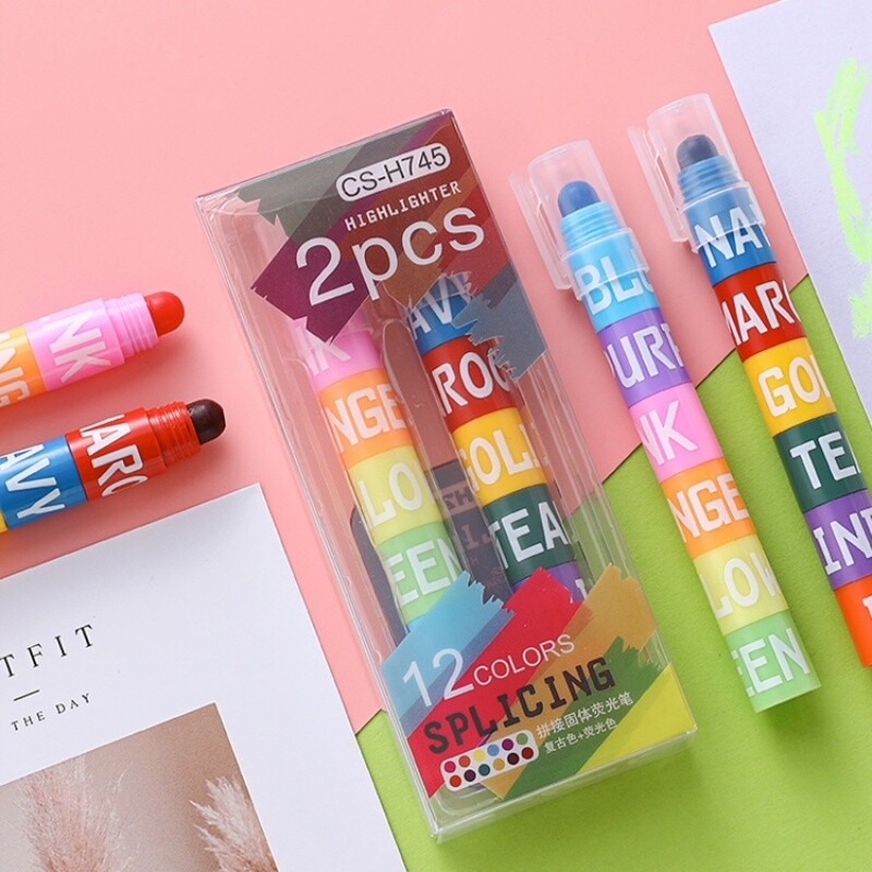 拼接固体荧光笔复古色荧光彩色标记笔学生12色套装糖果色创意可爱