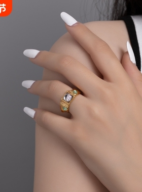小众复古时尚镶钻黄铜镀金vintage欧美时尚博主同款戒指女新款