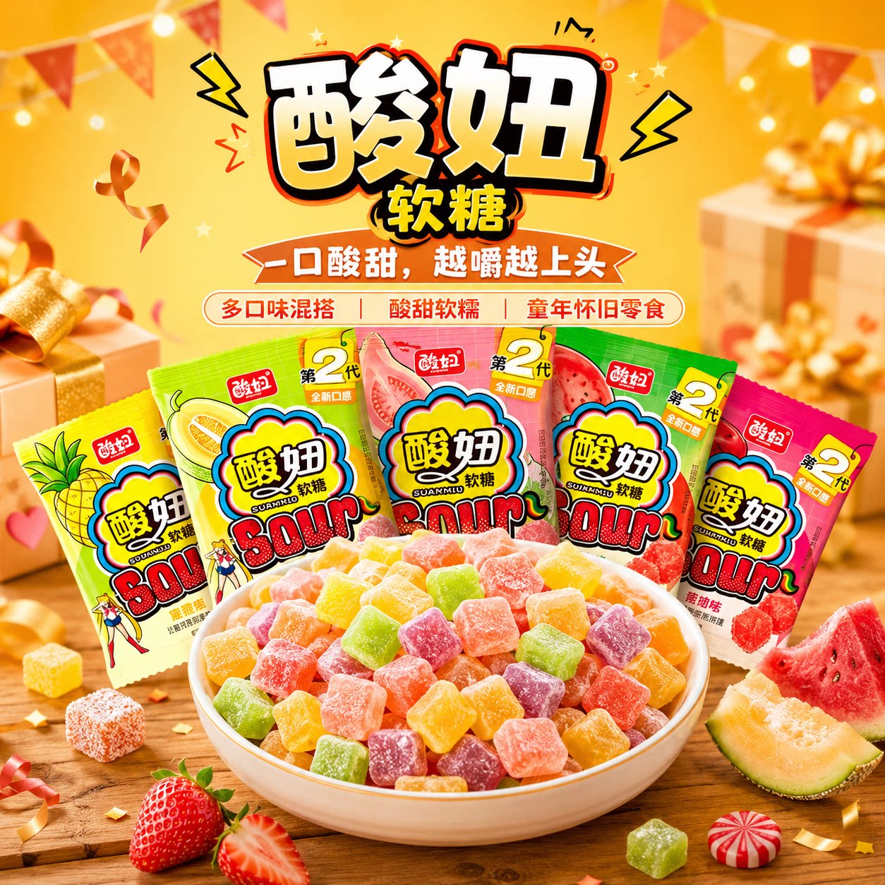 酸妞软糖二代爆酸qq橡皮糖喜糖8090后童年怀旧休闲零食大礼包解馋