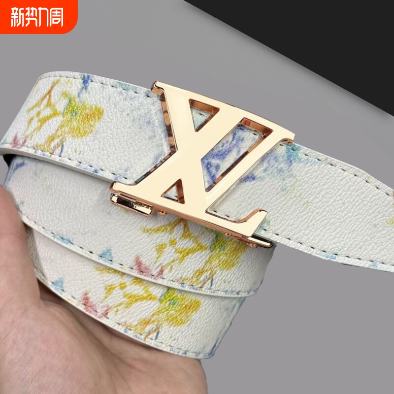 新款潮流男士皮带真皮百搭字母涂鸦自动扣学生腰带牛仔裤潮流网红