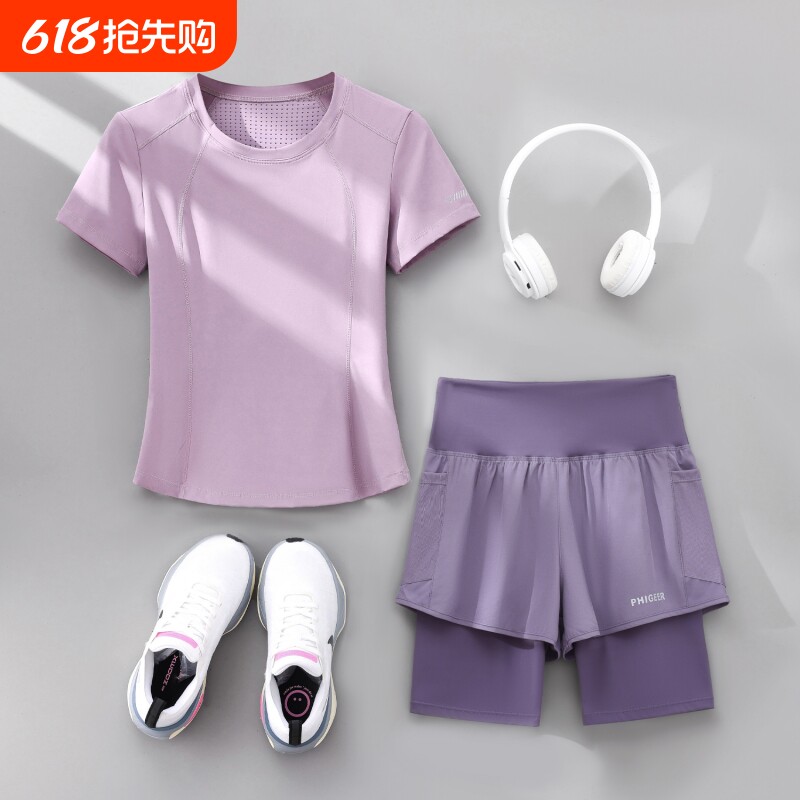 瑜伽服女跑步运动套装夏季速干后口袋放手机透气显瘦短袖健身服女