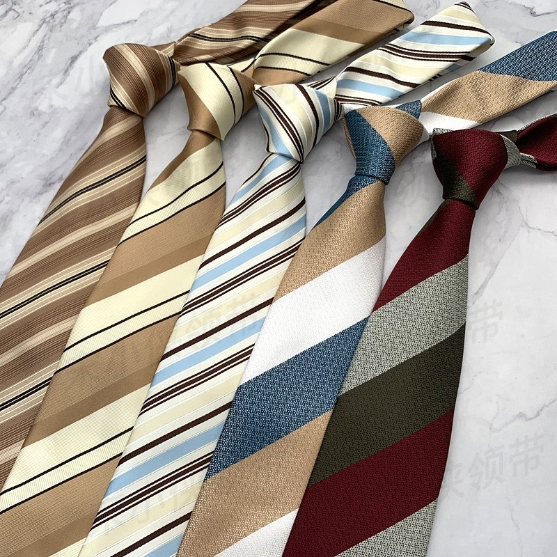 条纹领带男 文艺小清新浅杏香槟咖时尚配色商务正装手打款宽版8CM