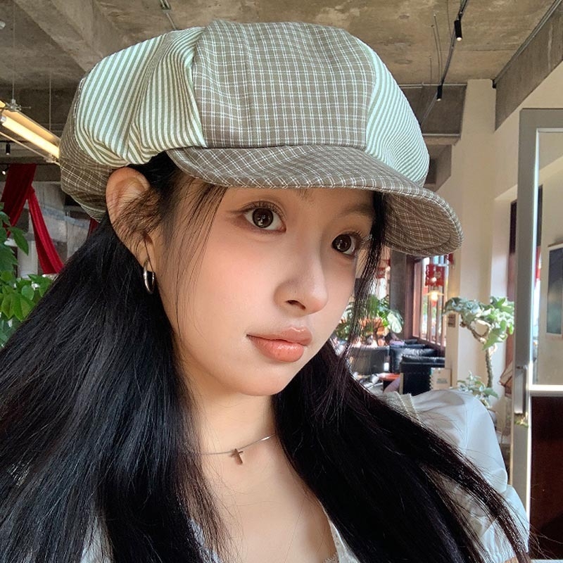 【热卖】格子贝雷帽女夏季复古画家帽大头围显脸小报童帽子春秋云