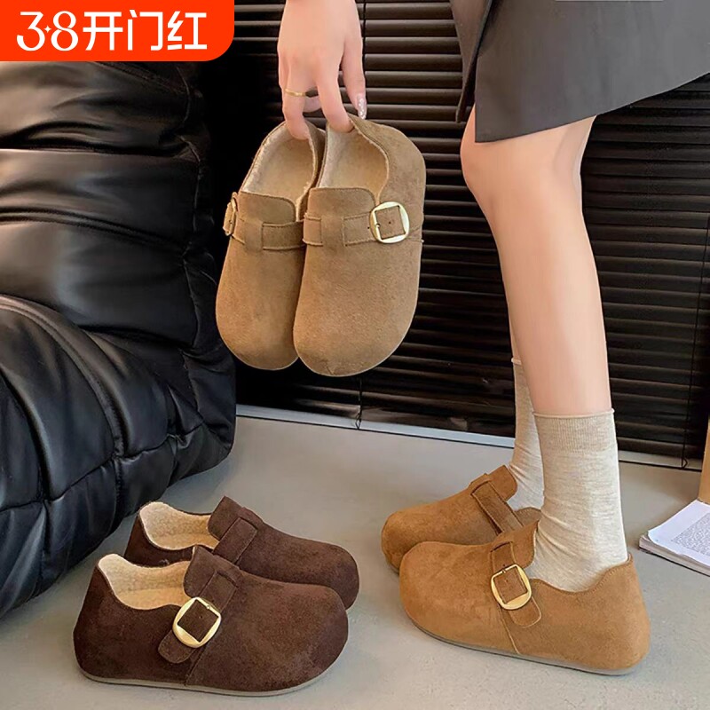 勃肯鞋厚底36-15加绒复古一脚蹬平底棉鞋跟高约5公分内增高咖色