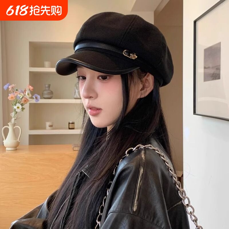 日系复古黑色鸭舌贝雷帽女休闲百搭显脸小八角云朵帽子白色英伦风