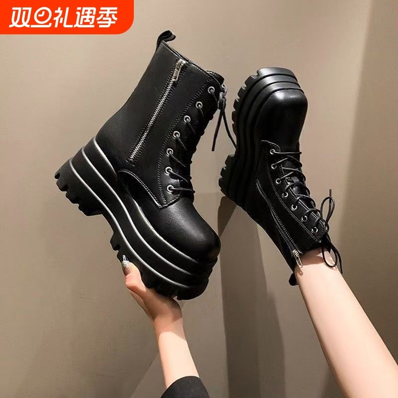 cos增高鞋8cm松糕鞋增高显高显廋厚底铆钉加绒短靴女中筒马丁靴