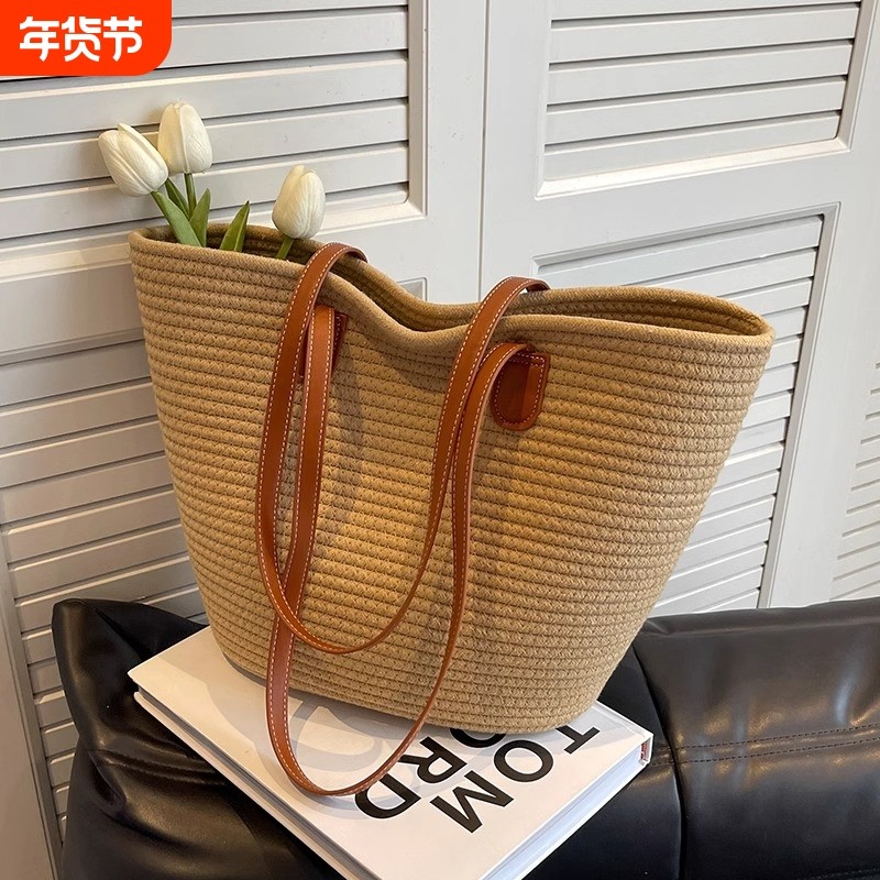 通勤大容量草编包包女夏季新款百搭编织单肩托特包海边度假沙滩包