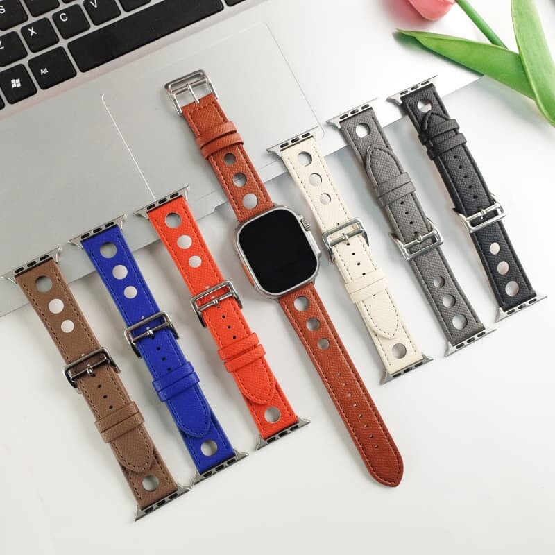 适用苹果iwatchS11/S10手表带SE/UItra3/2/1洞洞手掌纹表带S9/8/7简约商务高级皮质女男白色黑色棕色图片