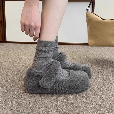 内增高厚底勃肯鞋女加绒灰色玛丽珍毛毛鞋冬季外穿呢子保暖棉单鞋