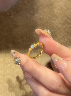 日系时尚轻奢小清新爆闪蓝色锆石戒指女小众清冷感指环开口可调节