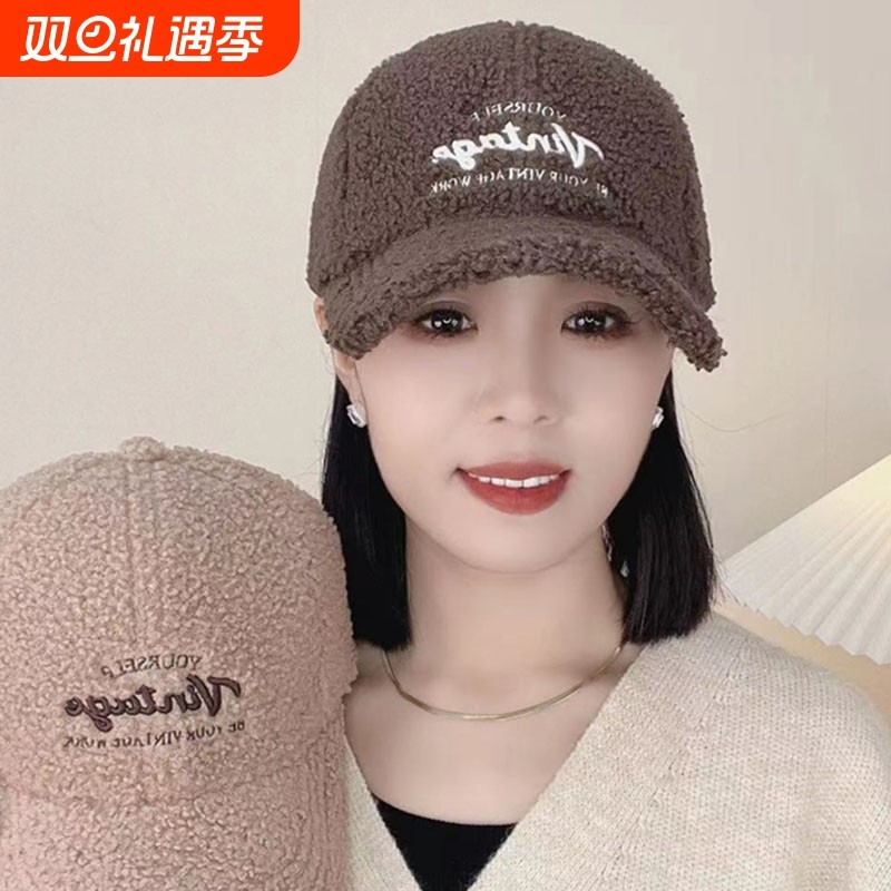 毛绒棒球帽女春季2025年时尚百搭帽子春秋毛茸茸鸭舌帽休闲黑色
