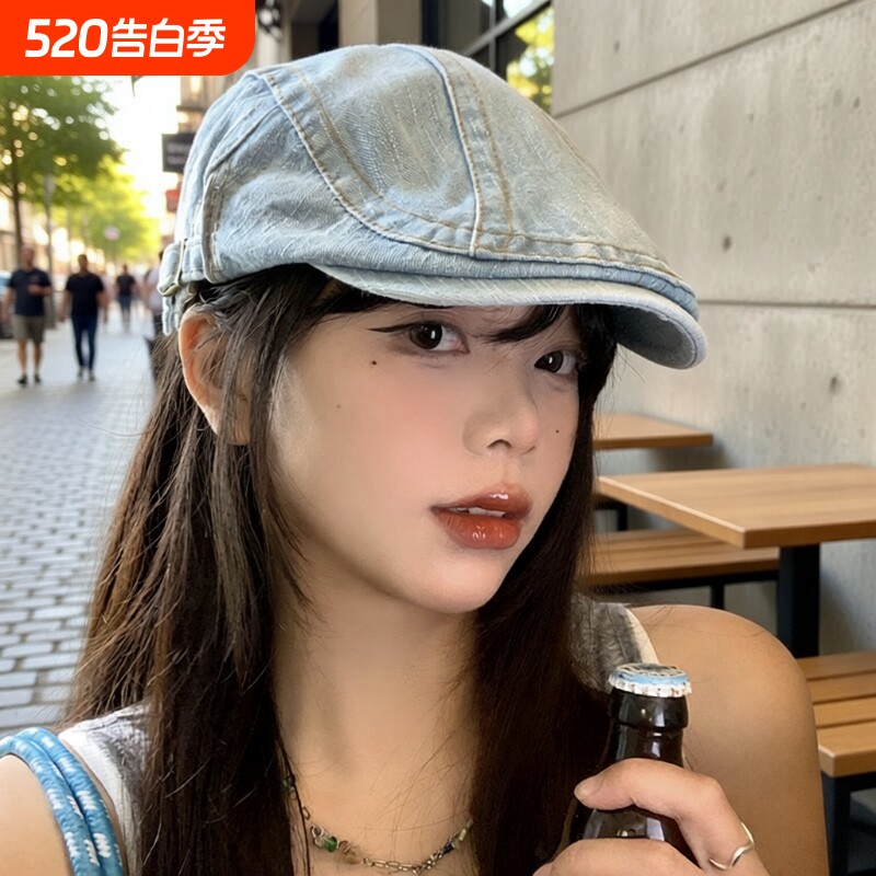 水洗牛仔前进帽女春夏款日系复古显脸小贝雷帽反戴大头围画家帽子