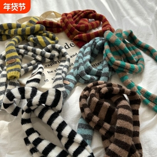 ins条纹三角针织小披肩围巾女秋冬季装饰护颈围脖保暖潮红色咖色