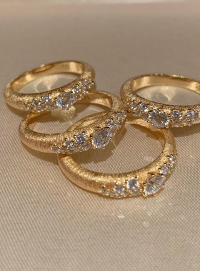 中古vintage金色拉丝点钻戒指女小众设计轻奢高级感满天星食指戒