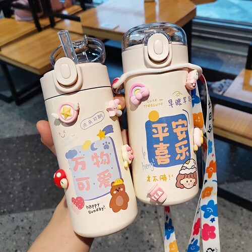 苏泊尔款弹盖保温杯女可爱学生便携不锈钢水杯简约清新森系斜挎卡