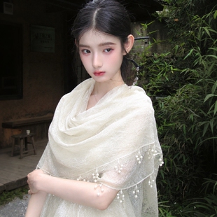白色旅游披肩女外搭空调房新疆云南青海配裙子棉麻薄款防晒丝巾
