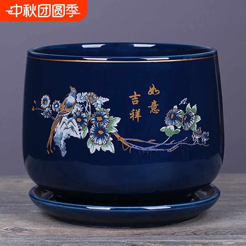 陶瓷花盆带托盘一组两个图片