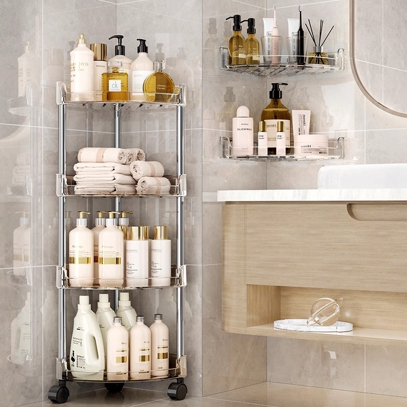 卫生间置物架落地式带轮浴室三角架透明收纳架家用厕所转角储物架