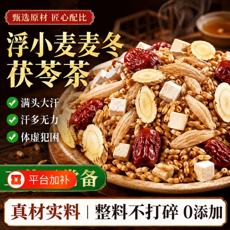 麦冬黄芪浮小麦止汗茶茯苓红枣组合养生茶爱出汗多一动就虚汗正品