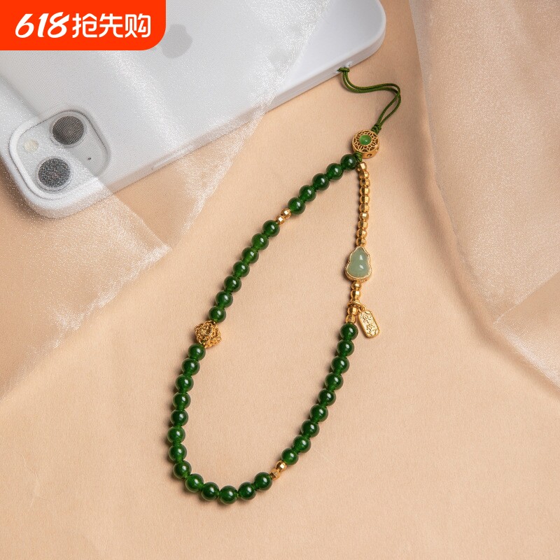 禄平安天然和田青玉手机链挂绳手腕短款高级防丢绳手机壳