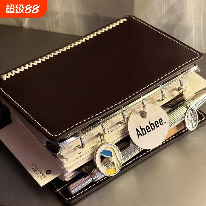 小红书同款黑巧A7双环活页本子皮质创意手账本高颜值随身日记记事