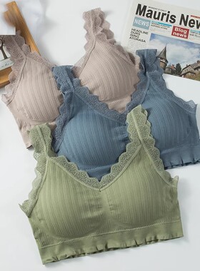 抹胸无钢圈内衣女背心式蕾丝小胸美背内搭运动文胸罩聚拢绿色海绵