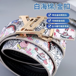 新款潮流男士皮带真皮百搭字母涂鸦自动扣学生腰带牛仔裤潮流网红