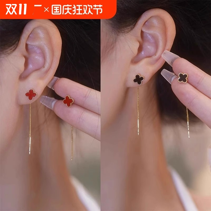 S925银针四叶草耳线轻奢精致小巧耳钉女时尚百搭长款链条流苏耳饰