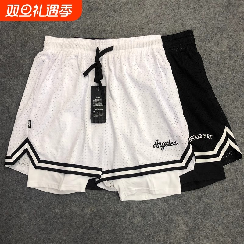 夏季假两件短裤男美式篮球训练运动不过膝速干双层健身裤三份跑步