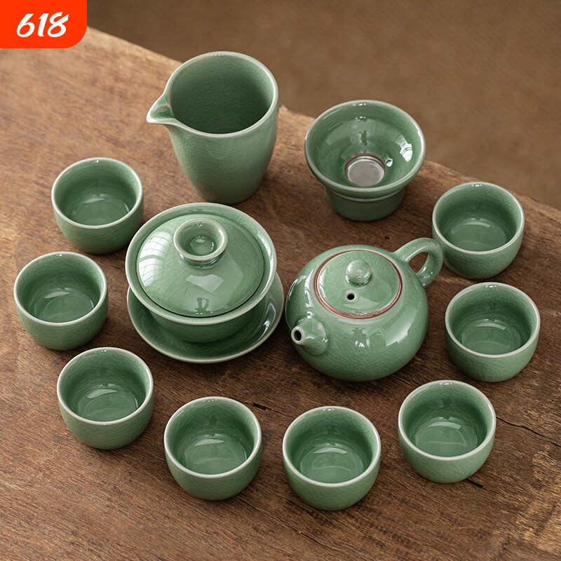 冰裂纹哥窑绿功夫茶具盖碗茶壶泡茶器套装提梁壶茶杯户外家用开片