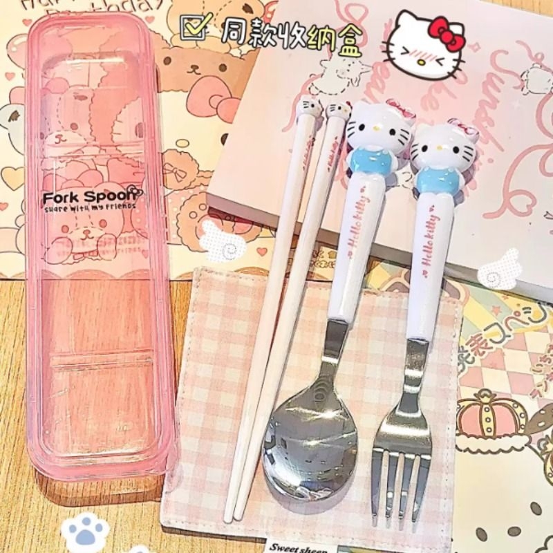 卡通凯蒂猫盒装不锈钢宝宝勺叉吃饭餐具套装学生儿童公仔造型餐具